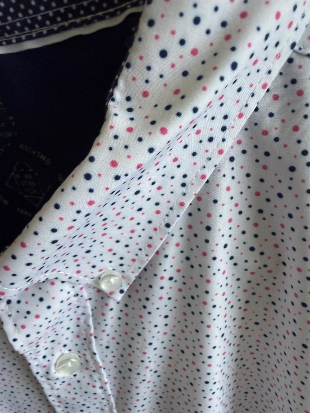 CONSTRUCT slim fit XL Men's Short Sleeve Button-Down Shirt -Wht w Pink Blue Dot